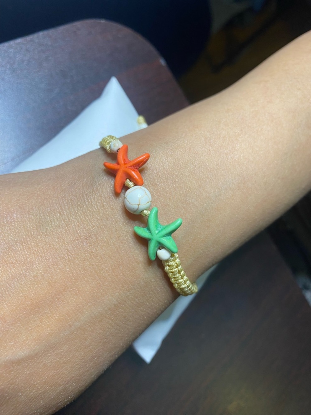 Yellow macrame Bracelet with Green & Orange Starfish Beads